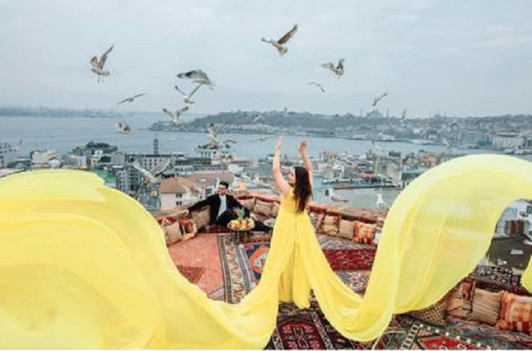 G888, Yellow Twin Trail prewedding Shoot Long Trail Gown Size: All, Color: All