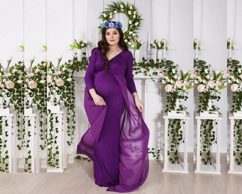 G41,Purple Maternity shoot Baby Shower Lycra Body Fit Gown, Size: All, Color: All