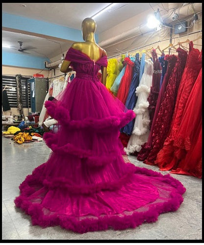 G1068, Hot Pink Slit Cut Ruffled Maternity Shoot Trail Gown Size: All, Color: All