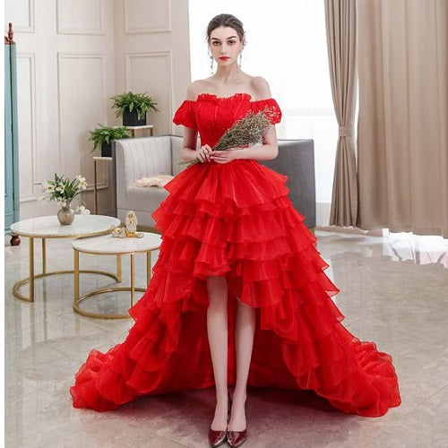 G340, Luxury Red Short Front Long Back Trail Ball Gown, Size: All, Color: All