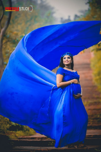 G400, Royal Blue Satin Long Trail Maternity Shoot Gown, Size: All, Color: All