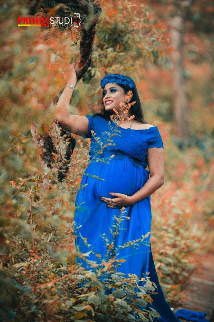 G400, Royal Blue Satin Long Trail Maternity Shoot Gown, Size: All, Color: All