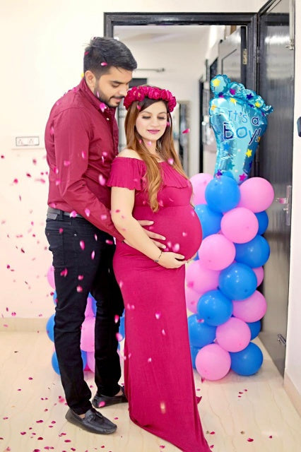 G42, Long Off Shoulder Wine Maternity shoot Baby Shower Lycra Body Fit Gown, Size: All, Color: All