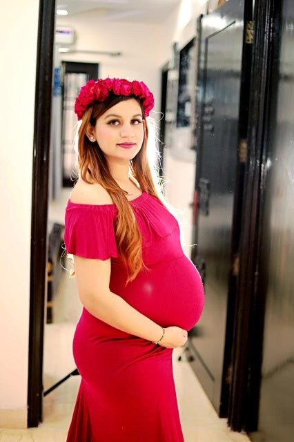 G42, Long Off Shoulder Wine Maternity shoot Baby Shower Lycra Body Fit Gown, Size: All, Color: All