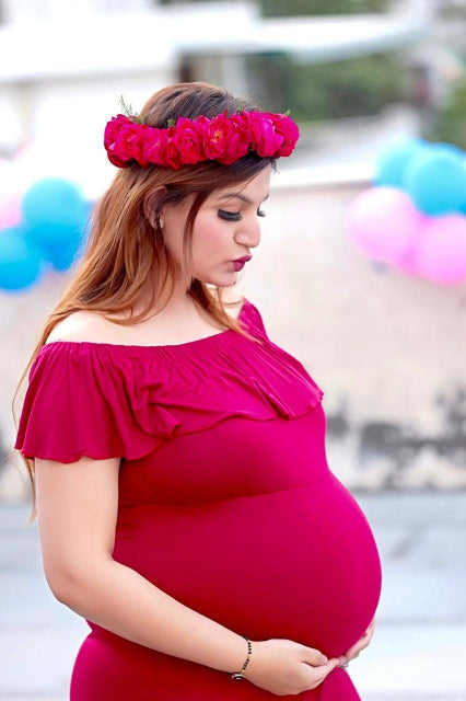 G42, Long Off Shoulder Wine Maternity shoot Baby Shower Lycra Body Fit Gown, Size: All, Color: All