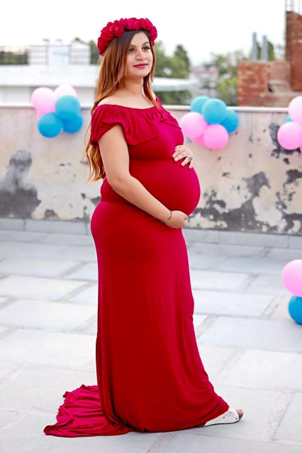 G42, Long Off Shoulder Wine Maternity shoot Baby Shower Lycra Body Fit Gown, Size: All, Color: All