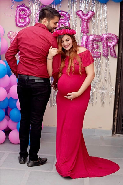 G42, Long Off Shoulder Wine Maternity shoot Baby Shower Lycra Body Fit Gown, Size: All, Color: All