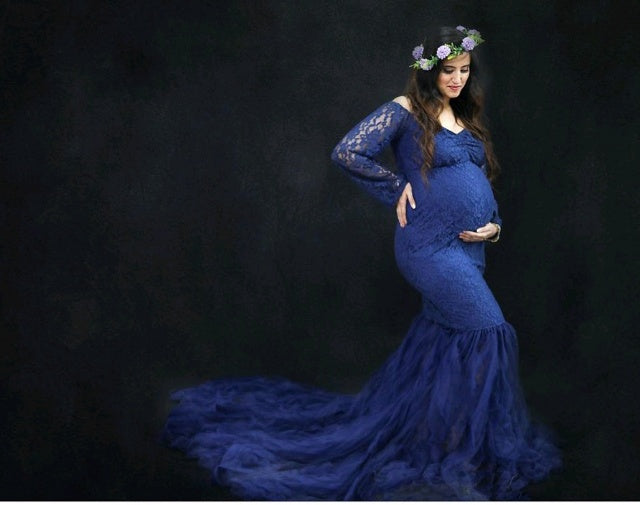 G221, Navy Blue Fish Cut Maternity Shoot Baby Shower Gown, Size: All, Color: All