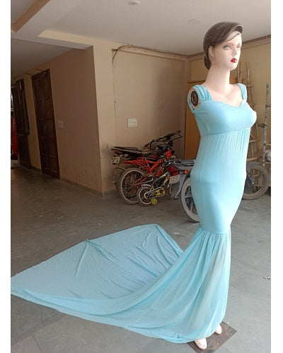 G243,Light Blue Maternity Shoot Baby Shower Trail Lycra Body Fit Gown, Size: All,Color: All