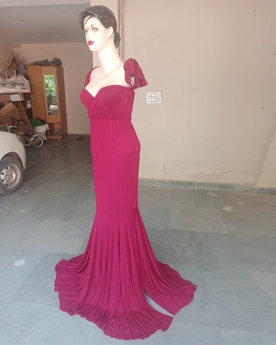 G247,Red Wine Maternity Shoot Baby Shower Trail Lycra Body Fit Gown, Size: All, Color: All