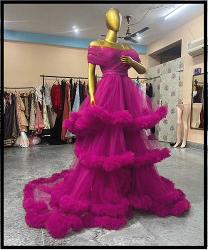 G1068, Hot Pink Slit Cut Ruffled Maternity Shoot Trail Gown Size: All, Color: All