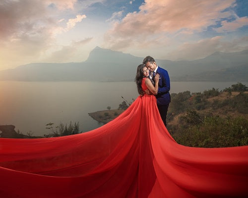 G186, Red Prewedding Shoot Infinity Long Trail Gown Size: All, Color: All