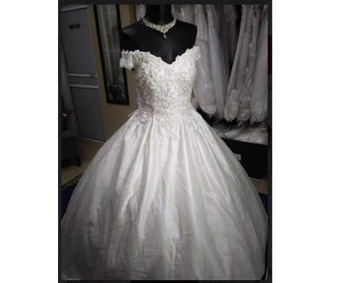W156, White Satin Off Shoulder Trail Gown , Size: All, Color: All
