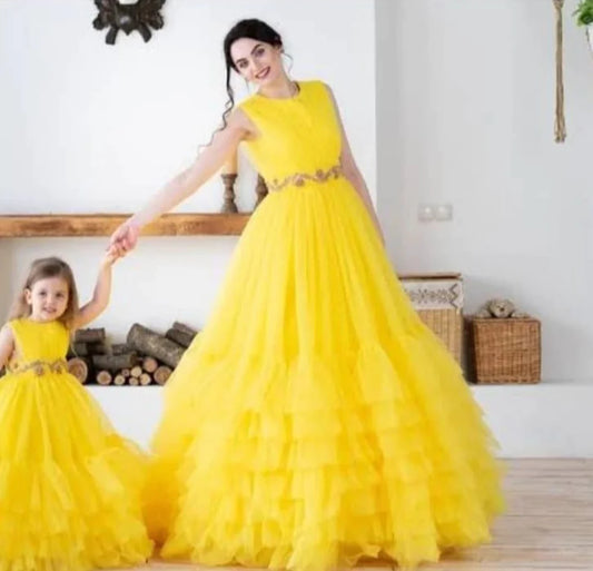 G551, Yellow Ruffled Mother Daughter Shoot Gown Size: All, Color: All