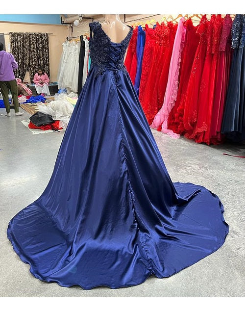 G332, Navy Blue Satin Off Shoulder Trail Ball gown Size: All, Color: All