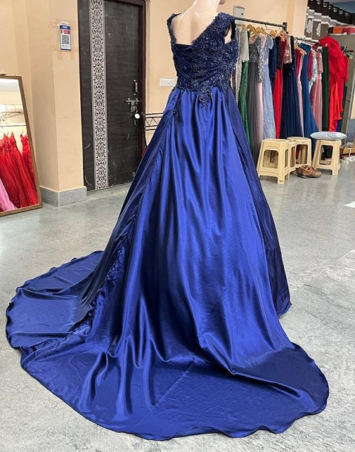 G332, Navy Blue Satin Off Shoulder Trail Ball gown Size: All, Color: All