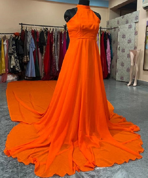 G685, Halter Neck Orange slit cut long trail shoot gown Size: All, Color: All