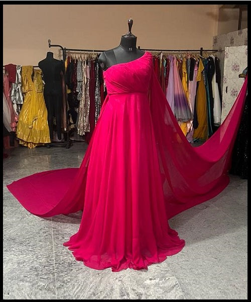 G775,Hot Pink One Shoulder Prewedding Shoot Long Trail Gown, Size: All, Color: All