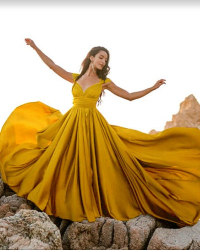 G650, Mustard slit cut shoot Long Trail Gown, Size: All, Color: All