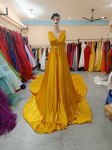 G650, Mustard slit cut shoot Long Trail Gown, Size: All, Color: All