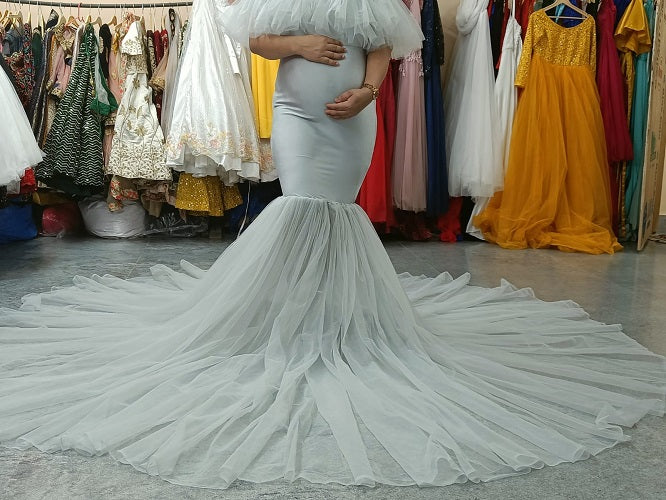 G908, Grey Maternity Shoot Baby Shower Trail Gown, Size: All, Color: All