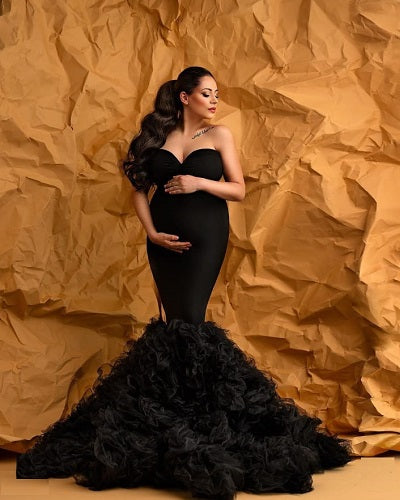 G420, Black Ruffled Body Fit Maternity Shoot Trail Gown  Size: All, Color: All