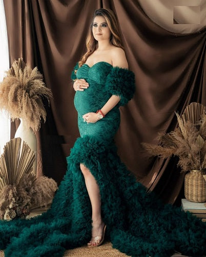 G1035, Bottle Green  Long Trail Body Fit Gown Size: All, Color: All