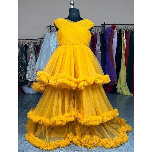 G168, Mustard Slit Cut Shoot Trail Gown, Size: All, Color: All