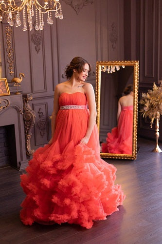 G523, Red Tube Ruffled Shoot Trail Gown Size: All, Color: All