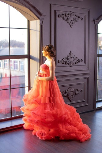 G523, Red Tube Ruffled Shoot Trail Gown Size: All, Color: All