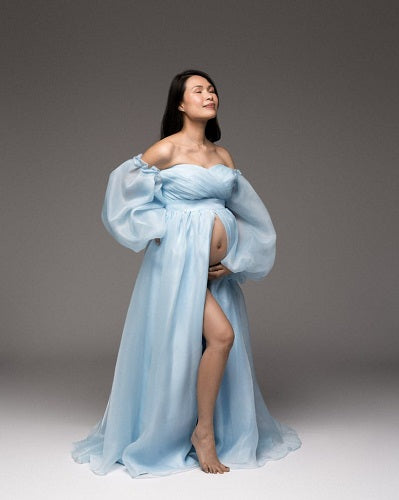 G104, Sky Blue Slit Cut Maternity Shoot Gown With Inner, Size: All, Color: All