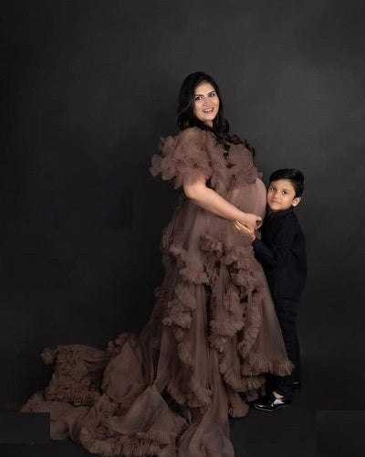 G925, Brown Ruffled Maternity Shoot Gown, Size: All, Color: All