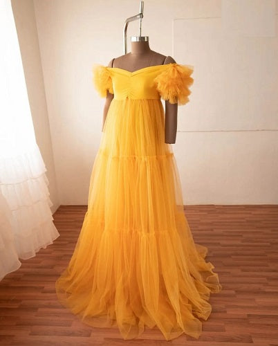 G353, Yellow Ruffled Maternity Shoot Gown Size: All, Color: All