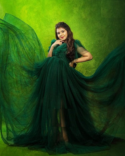 G823, Bottle Green Ruffled Maternity Shoot  Gown, Size: All, Color: All