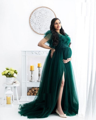 G823, Bottle Green Ruffled Maternity Shoot  Gown, Size: All, Color: All