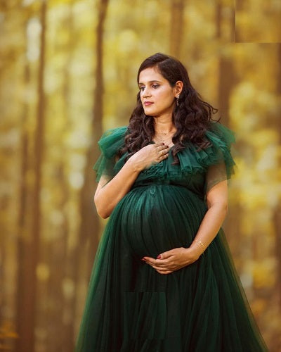 G823, Bottle Green Ruffled Maternity Shoot  Gown, Size: All, Color: All