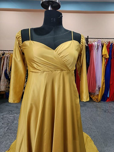G179, Golden Full Sleeves Long Trail Shoot Gown Size: All, Color: All