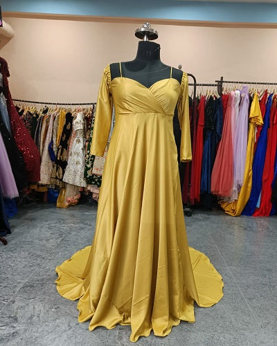 G179, Golden Full Sleeves Long Trail Shoot Gown Size: All, Color: All