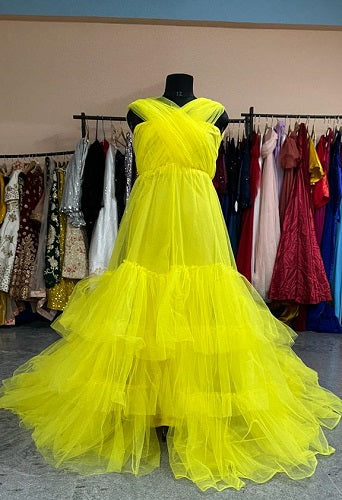 G99, Yellow Ruffled Shoot Trail Gown Size: All, Color: All