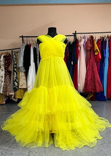 G99, Yellow Ruffled Shoot Trail Gown Size: All, Color: All