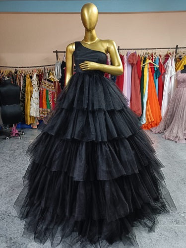 G937, Black One Shoulder Ruffle Ball Gown, Size: All, Color: All