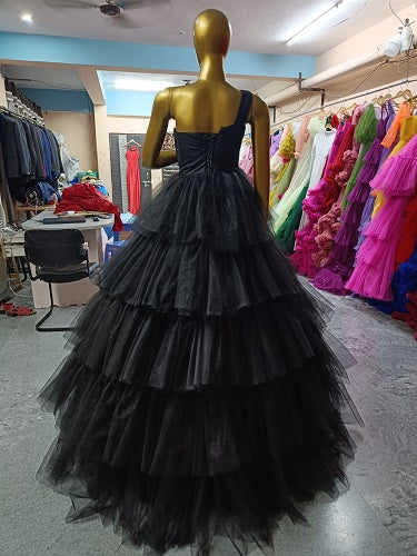 G937, Black One Shoulder Ruffle Ball Gown, Size: All, Color: All