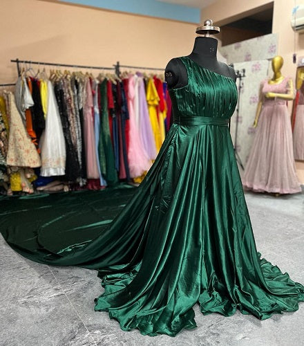 G456, Bottle Green Satin Slit Cut Pre Wedding Shoot Long Trail Gown, Size: All, Color: All