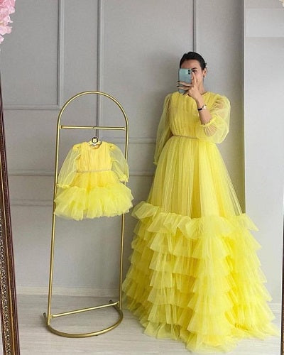 G557, Yellow Ruffled Mother Daughter Shoot Gown Size: All, Color: All