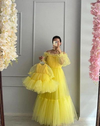 G663, Yellow Ruffled Mother Daughter Shoot Gown Size: All, Color: All