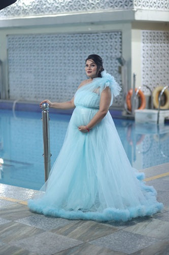 G119, Ice Blue One Shoulder Maternity Gown, Size: All, Color: All