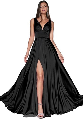 G250, Black satin slit cut evening Gown, Size: All, Color: All