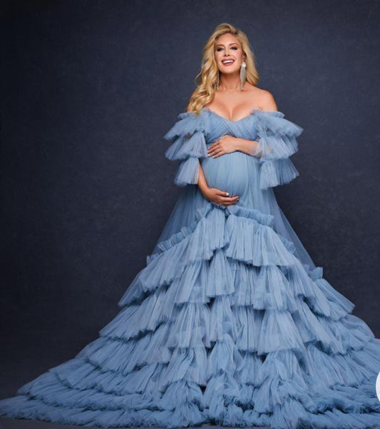 G3002, Cyan Blue Frilled Maternity Shoot Gown (All Sizes)pp