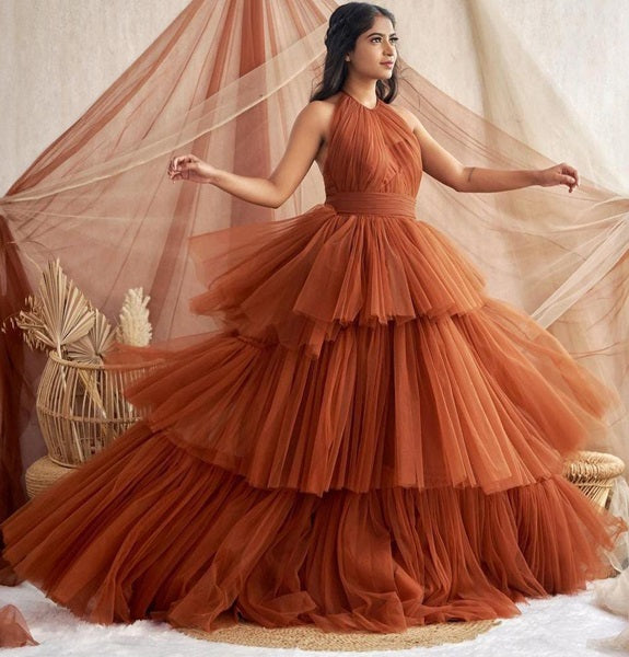 G3003, Brown Ruffle Prewedding Long Ball Gown,(All Size)pp