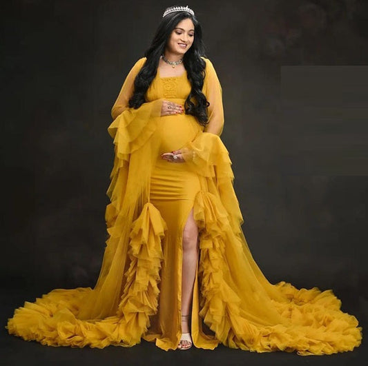 G3001, Mustard Yellow Maternity Slit Cut Frilled Shoot Trail Gown,Size[All]pp